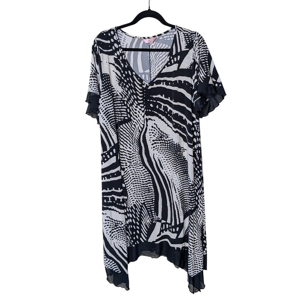 SJS Black and White Abstract Print Handkerchief Hem Dress Size‎ 2X Artsy Boho